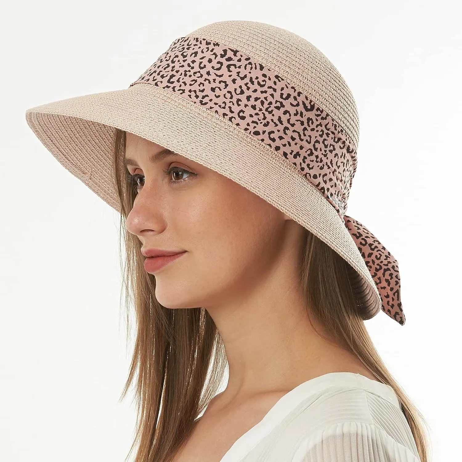 Womens Straw Sun Hat Summer Beach Wide Brim UV Protection Hats with Chin Strap Floppy Foldable Cute Bowknot UPF 50 Cap