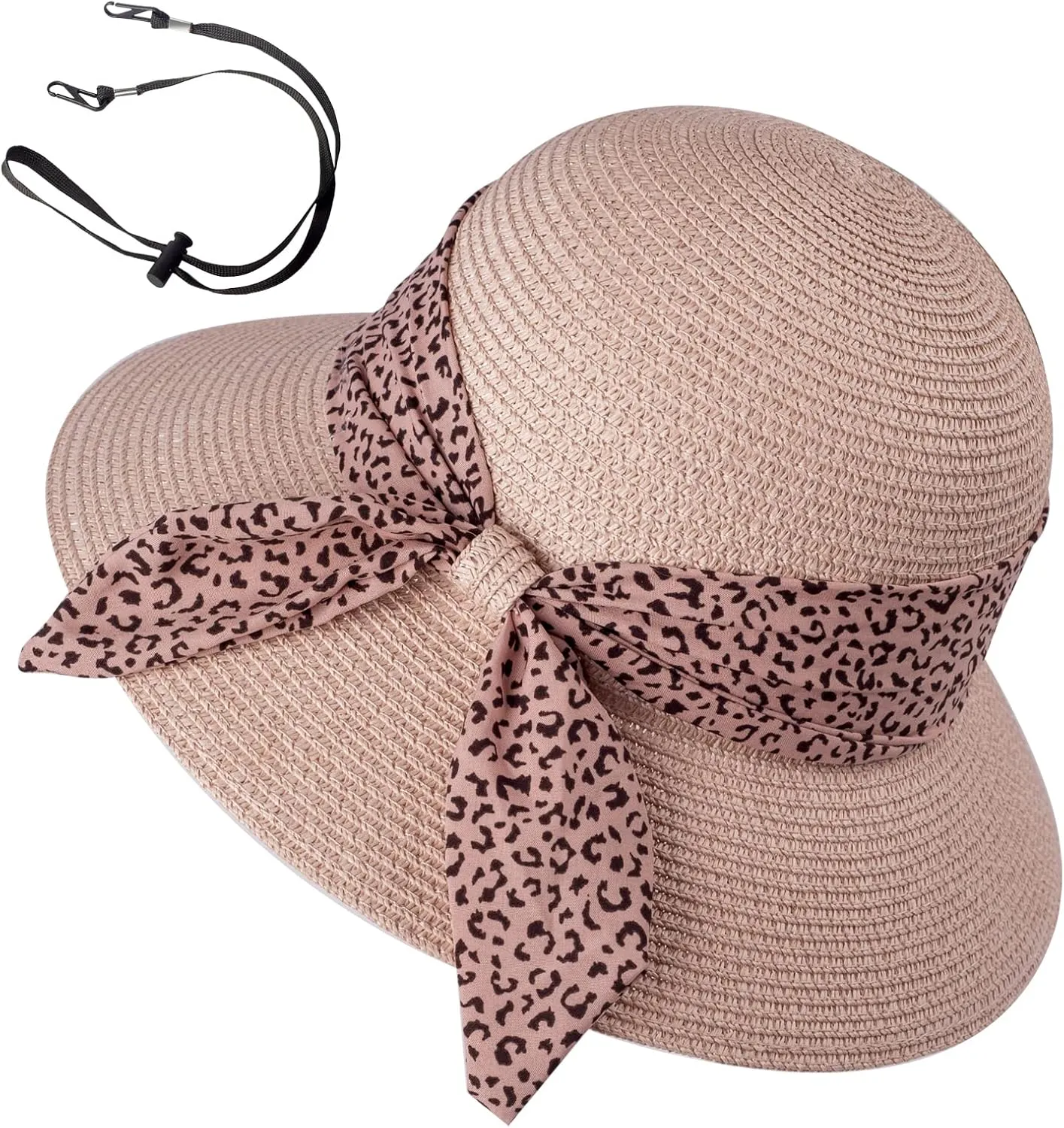 Womens Straw Sun Hat Summer Beach Wide Brim UV Protection Hats with Chin Strap Floppy Foldable Cute Bowknot UPF 50 Cap
