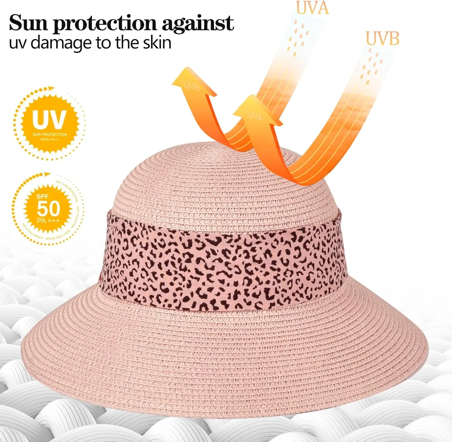 Womens Straw Sun Hat Summer Beach Wide Brim UV Protection Hats with Chin Strap Floppy Foldable Cute Bowknot UPF 50 Cap