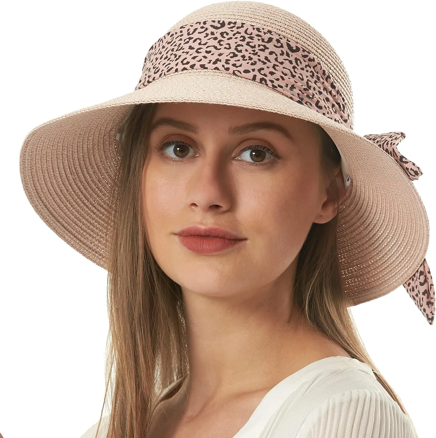 Womens Straw Sun Hat Summer Beach Wide Brim UV Protection Hats with Chin Strap Floppy Foldable Cute Bowknot UPF 50 Cap