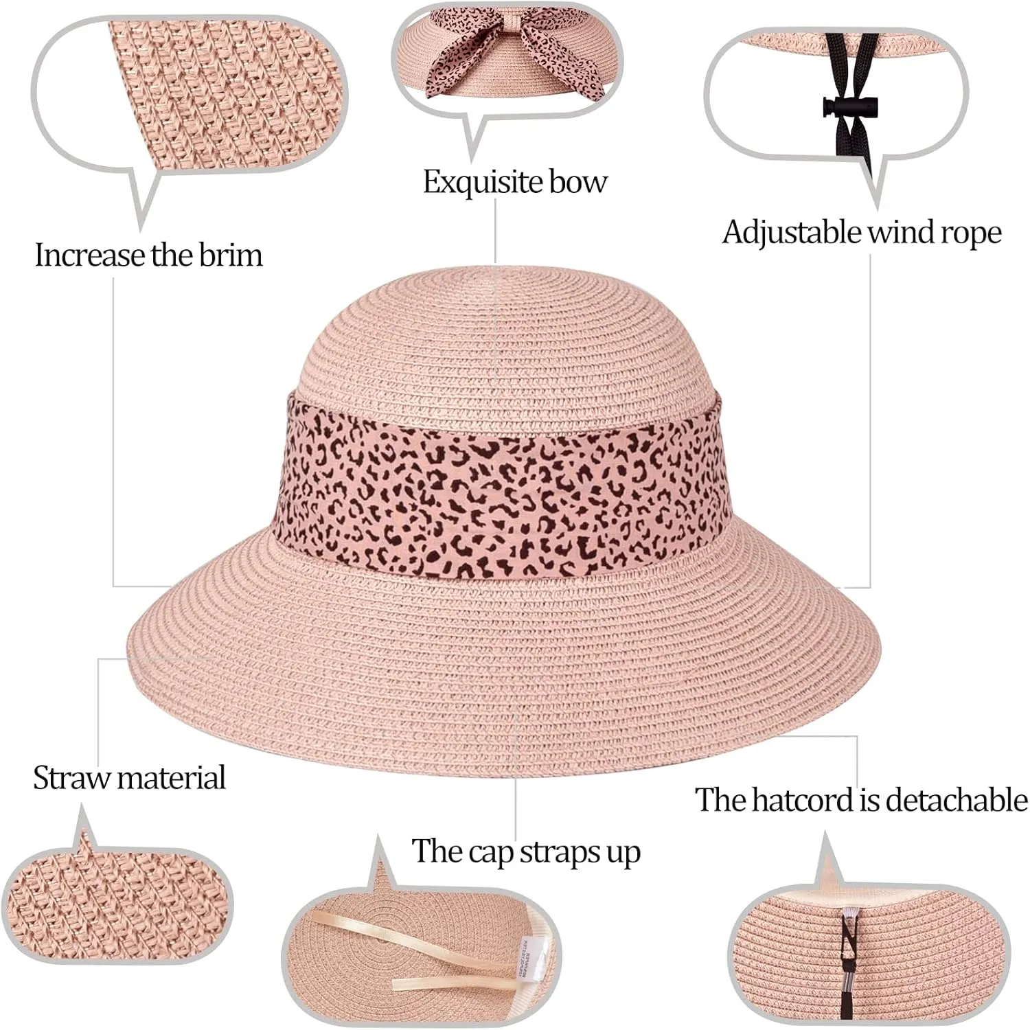 Womens Straw Sun Hat Summer Beach Wide Brim UV Protection Hats with Chin Strap Floppy Foldable Cute Bowknot UPF 50 Cap