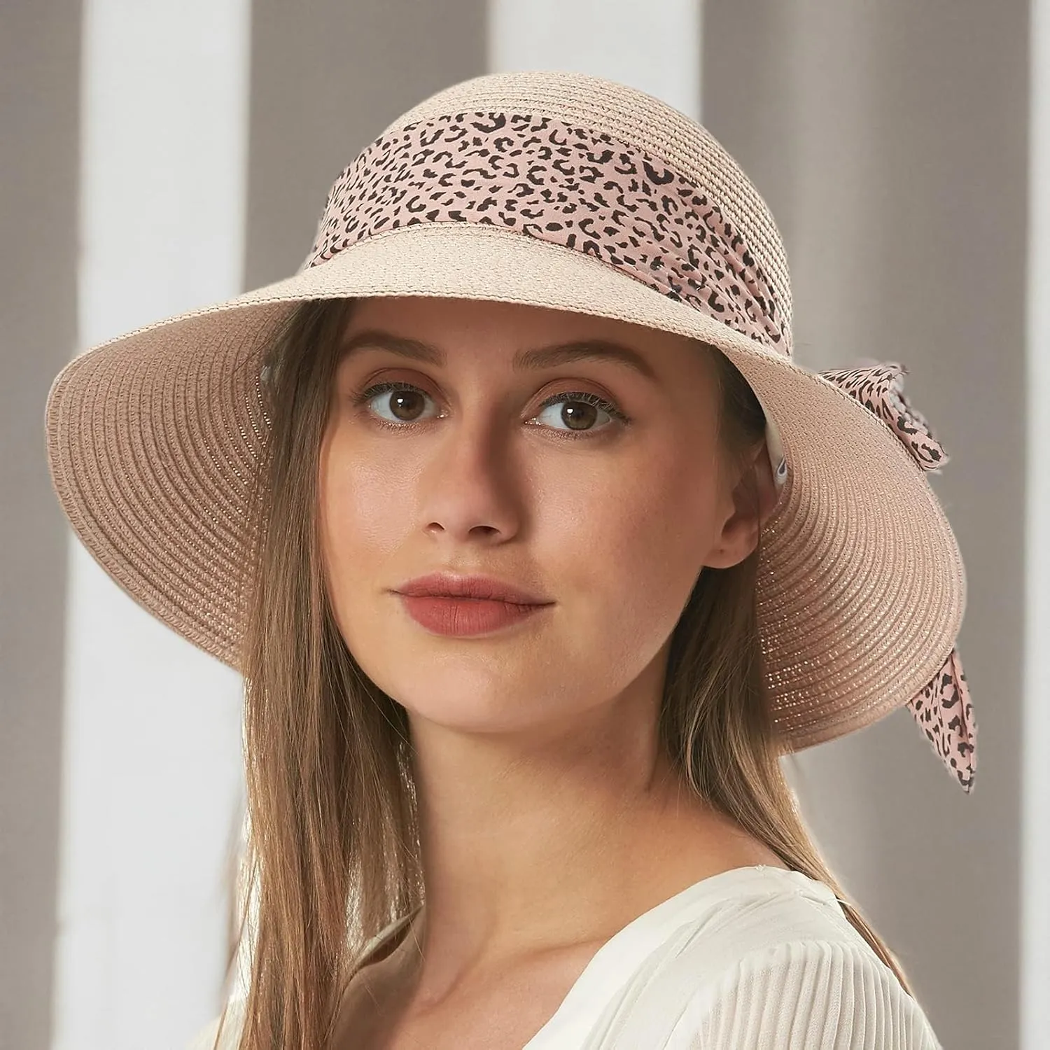 Womens Straw Sun Hat Summer Beach Wide Brim UV Protection Hats with Chin Strap Floppy Foldable Cute Bowknot UPF 50 Cap