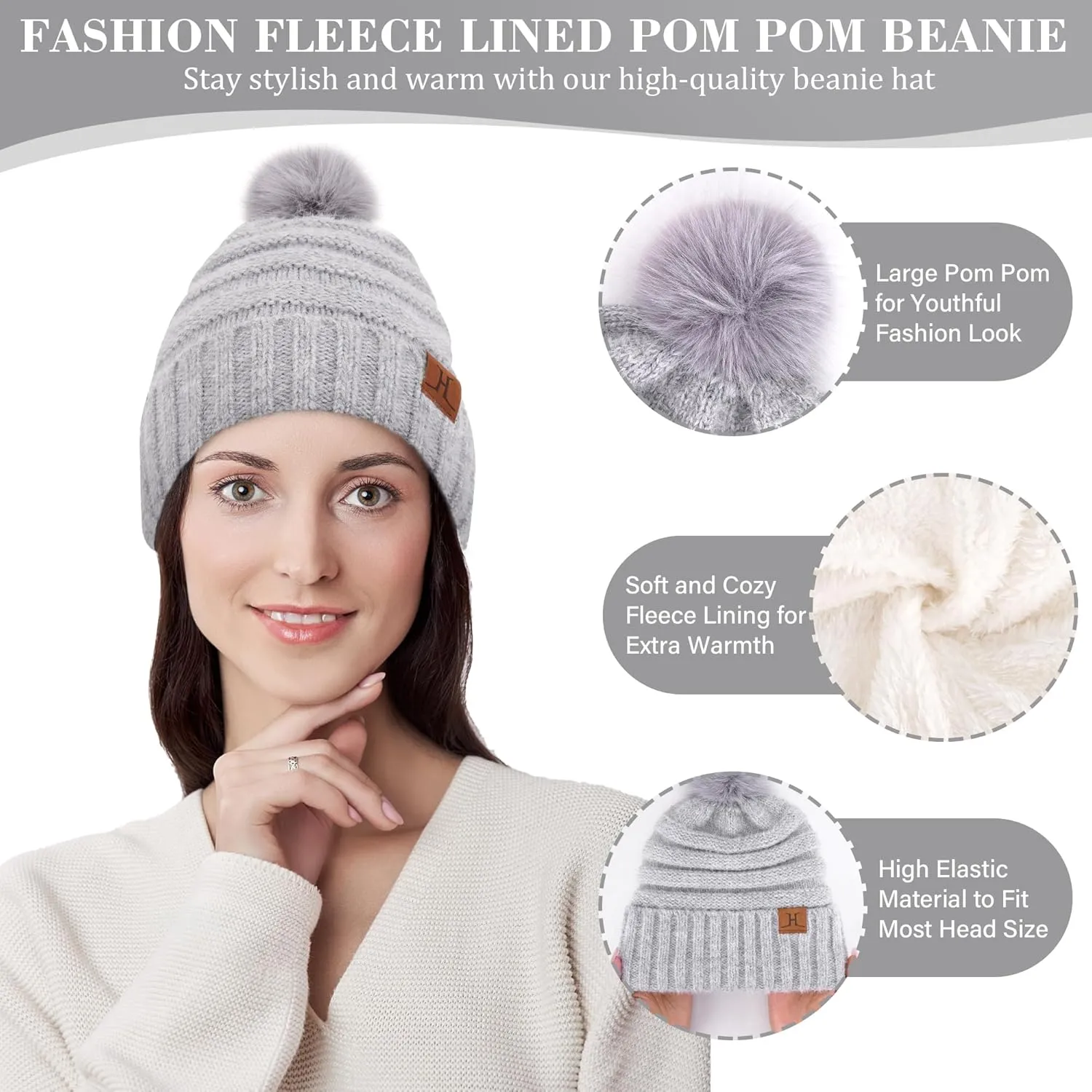 Womens Winter Hats Beanie Touchscreen Gloves Long Scarf Set Knit Warm Caps with Pom Fleece Gifts for Women
