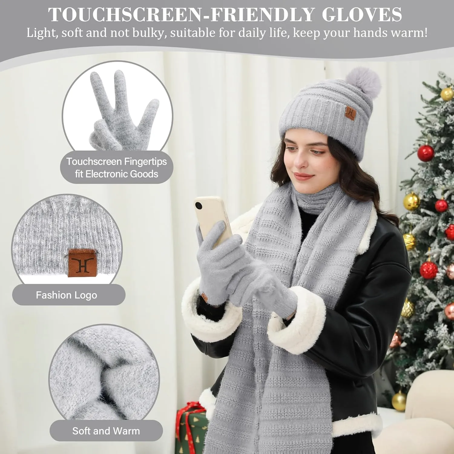 Womens Winter Hats Beanie Touchscreen Gloves Long Scarf Set Knit Warm Caps with Pom Fleece Gifts for Women