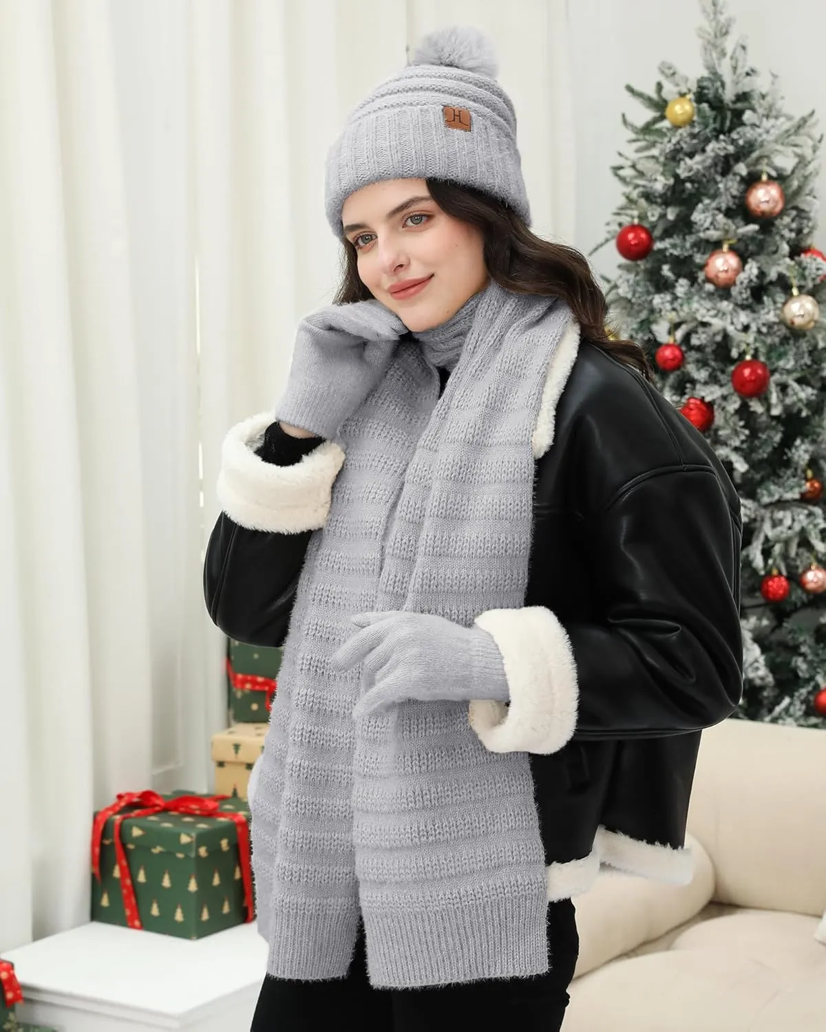Womens Winter Hats Beanie Touchscreen Gloves Long Scarf Set Knit Warm Caps with Pom Fleece Gifts for Women