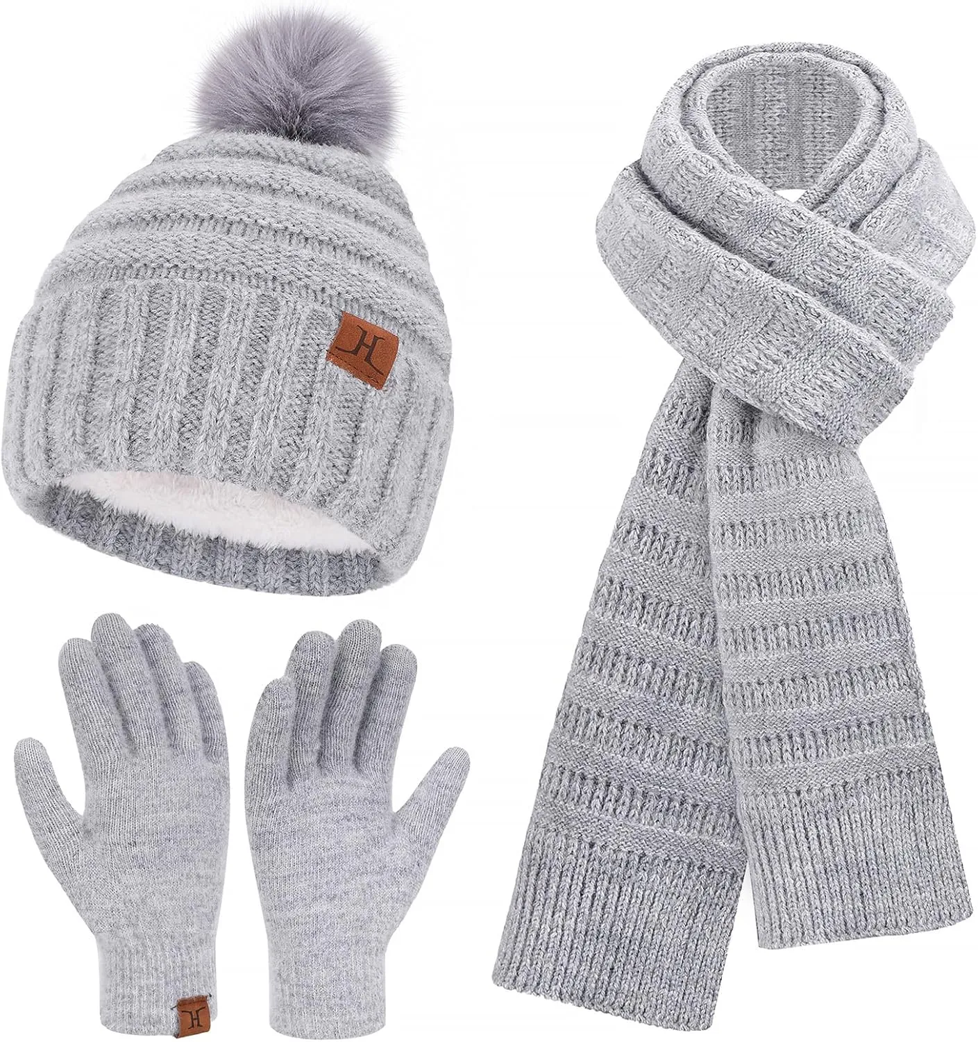 Womens Winter Hats Beanie Touchscreen Gloves Long Scarf Set Knit Warm Caps with Pom Fleece Gifts for Women
