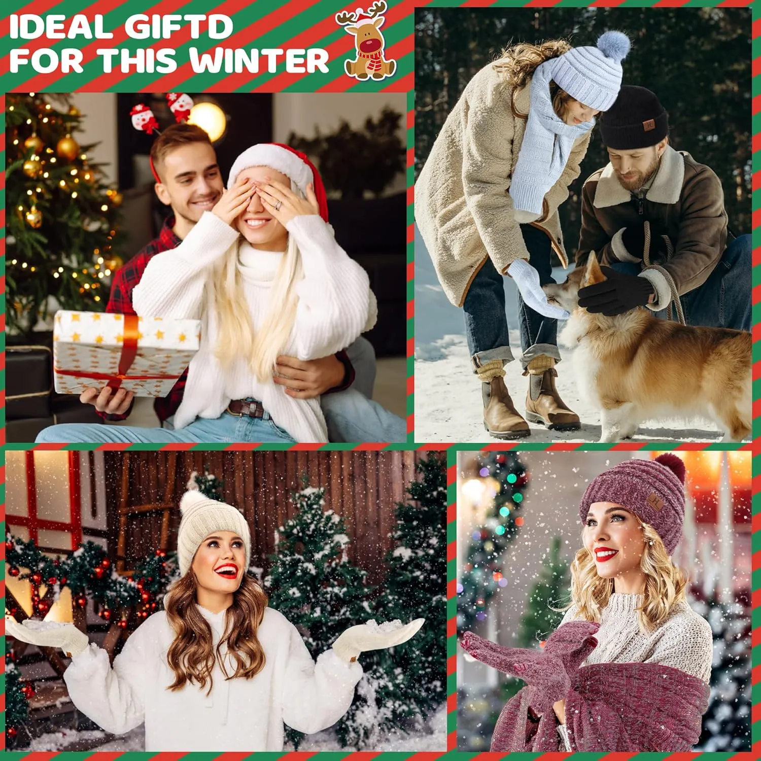 Womens Winter Hats Beanie Touchscreen Gloves Long Scarf Set Knit Warm Caps with Pom Fleece Gifts for Women